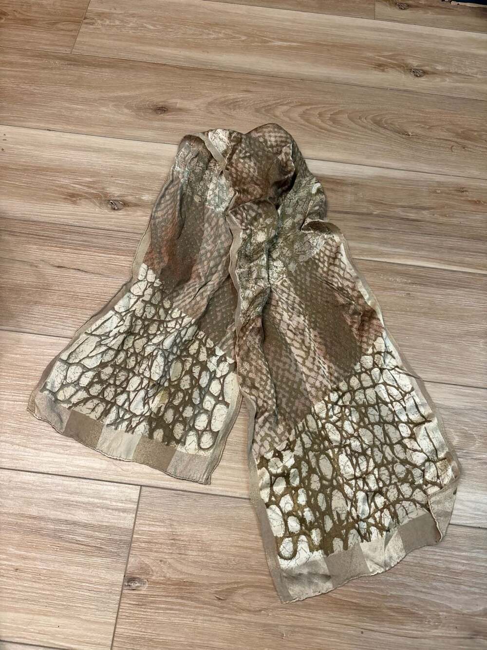 Vintage Silk Snake Print Animal Pattern Sheer Long Scarf Brown Gold